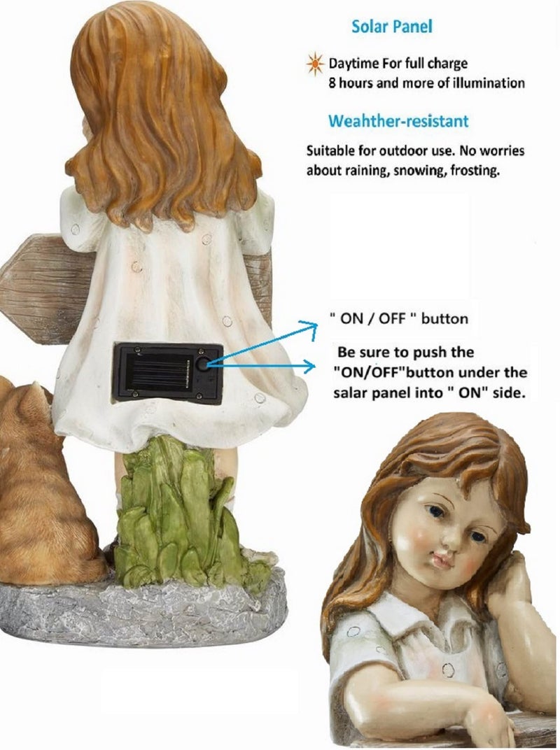 Floryden Girl Garden Statue with Solar LED Lights, Solar Girl Welcome Sign with Cat Garden Statue for Outdoor Decor, Porch, Patio, Yard Art Decorations, Polyresin 17.3 inch - Image 5
